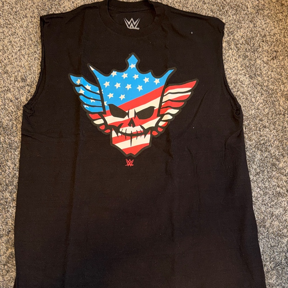 WWE Black Tank Top with Patriotic Skull Design NWOT